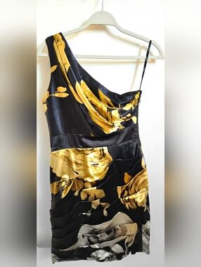Snap Black and Gold One-Shoulder Floral Satin Dress